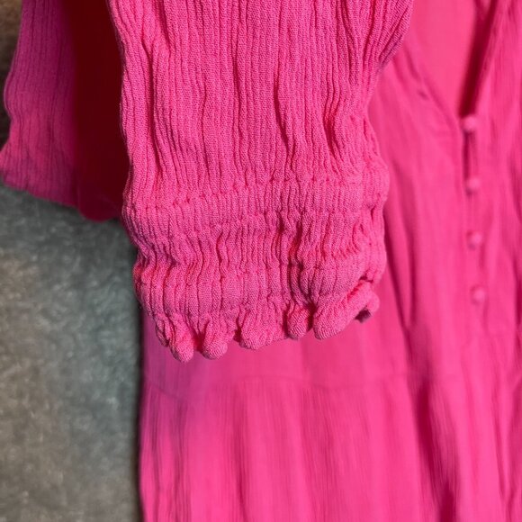 LOFT Women Colorful Bright Pink Solid Wrinkled Tiered Long Sleeve Maxi Dress L - Picture 4 of 10